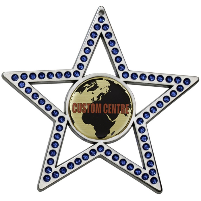 SILVER 75MM - BLUE STAR GEMSTONE CUSTOM VINYL DOMED MEDAL **SPARKLE**